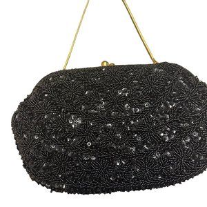 Vintage Black Evening Clutch, Beaded, Gold accents, little black dress